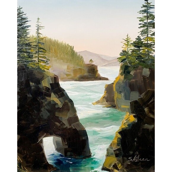 Original Oil Painting Seascape Oregon Coast Rock Natural Bridges 8x10" Signed - Picture 1 of 7